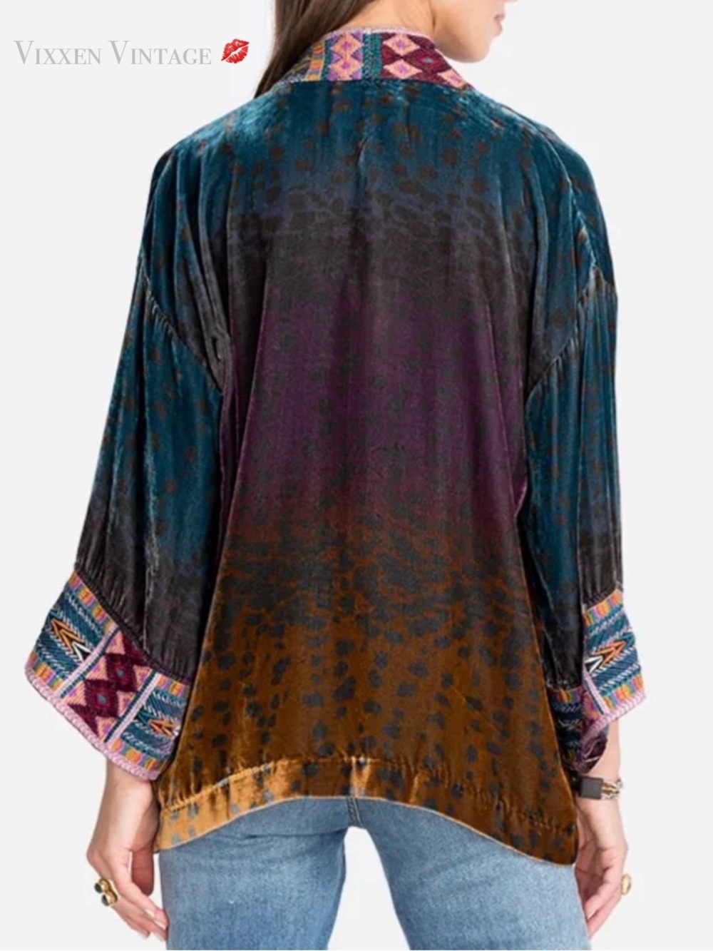 JOHNNY WAS EMBROIDERED SILK 'OMBRE CHEETAH VELVET CROPPED KIMONO' IN MULTI - Picture 5 of 7